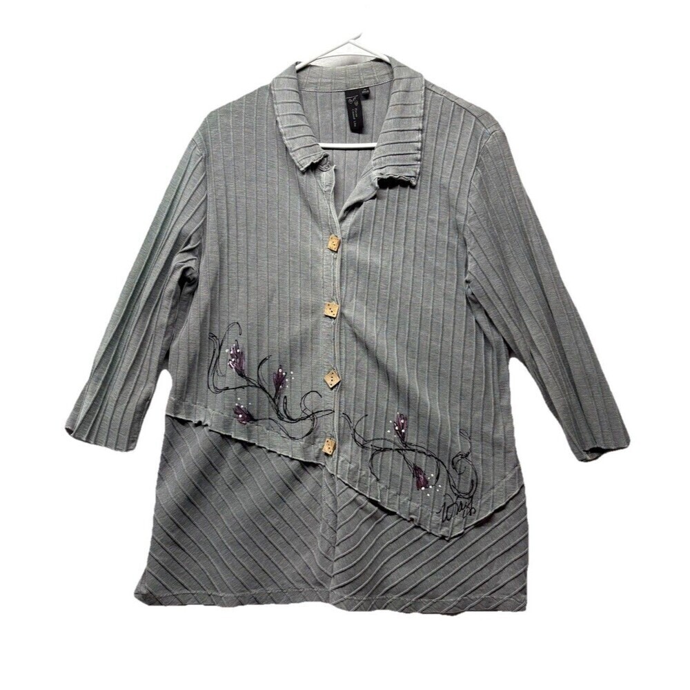 Focus Casual Life Womens Jacket Size M Gray Boho Ribbed Painted Button Lagenlook